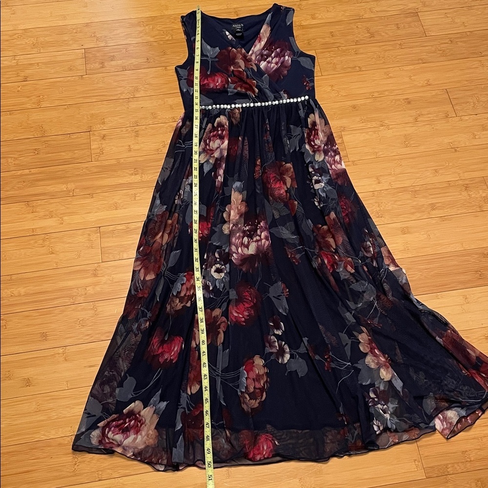 Alexa B Nites Maxi Dress Size 6 V Neck Floral Sleeveless Mesh Embellished Blue - Picture 13 of 15